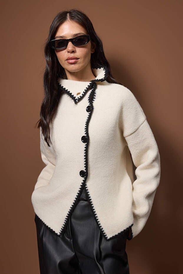 Color Block Mock Neck Wool Blend Cardigan