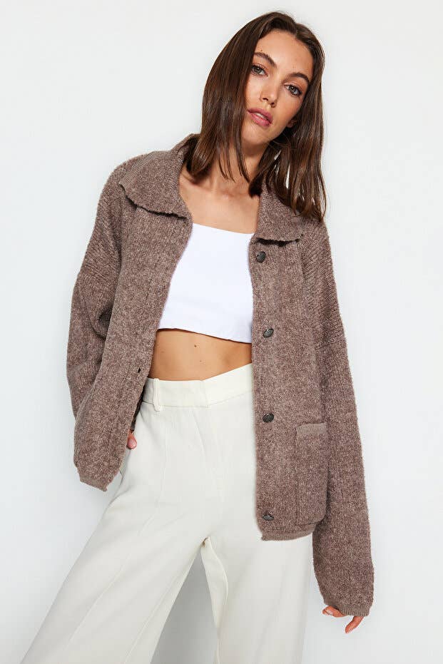 Bouclé Polo Collar Oversized Cardigan