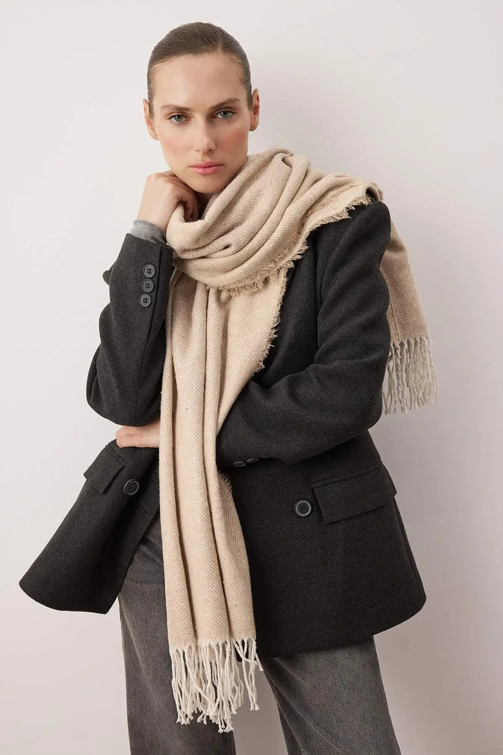 Beige Herringbone Blanket Scarf