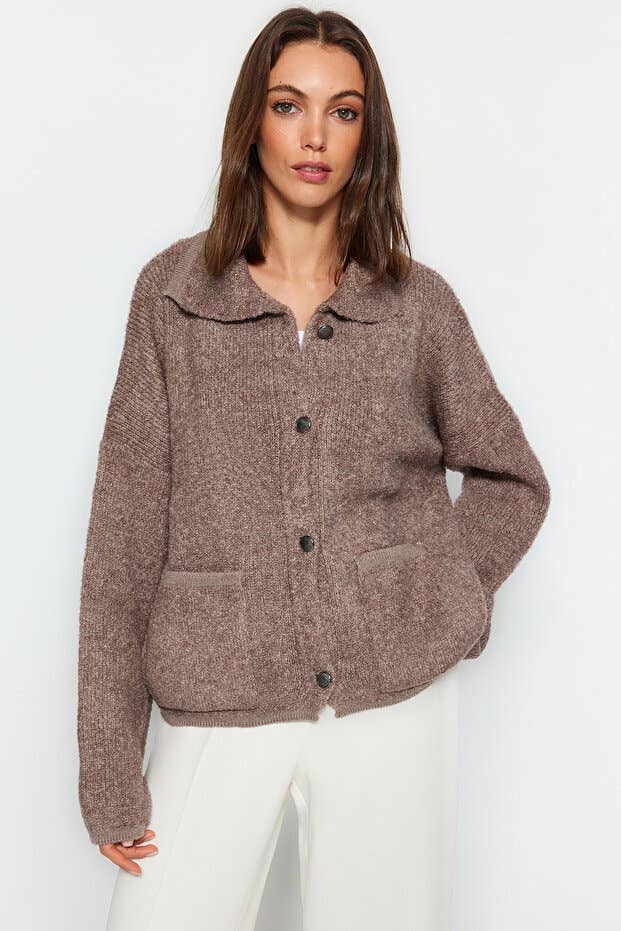 Bouclé Polo Collar Relaxed Cardigan