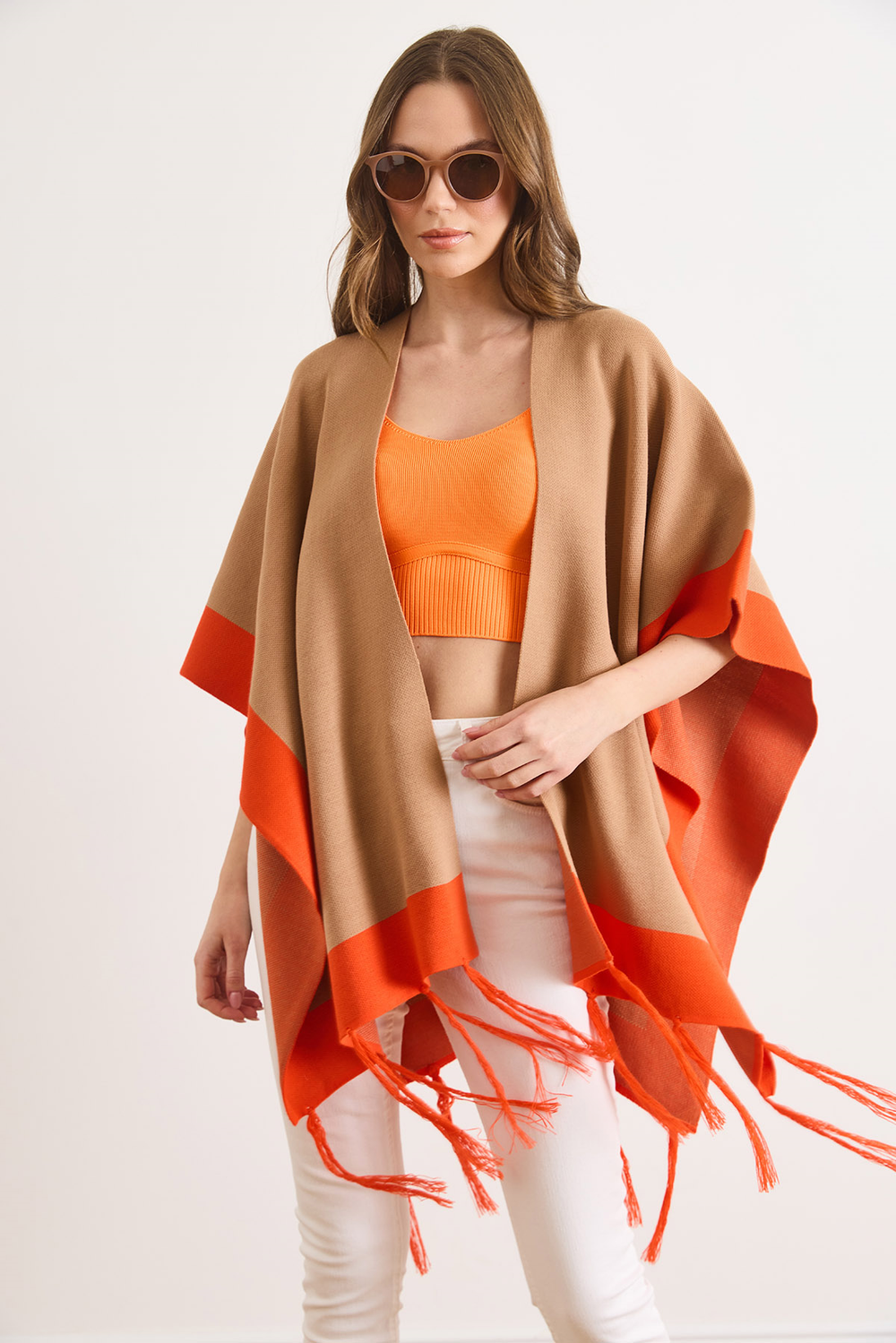 Color Block Open Front Knit Poncho
