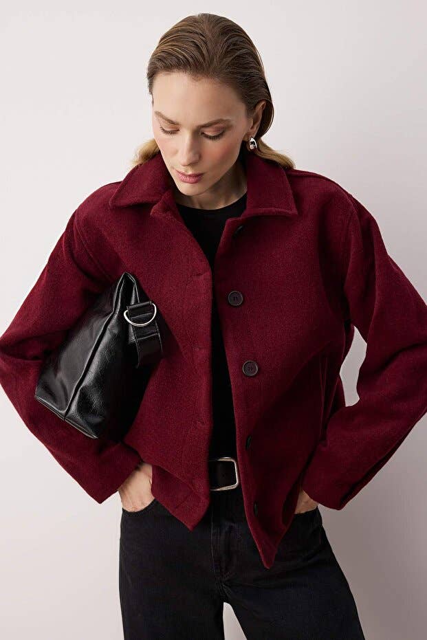 Burgundy Lightweight Woven Wool Blend Coat
