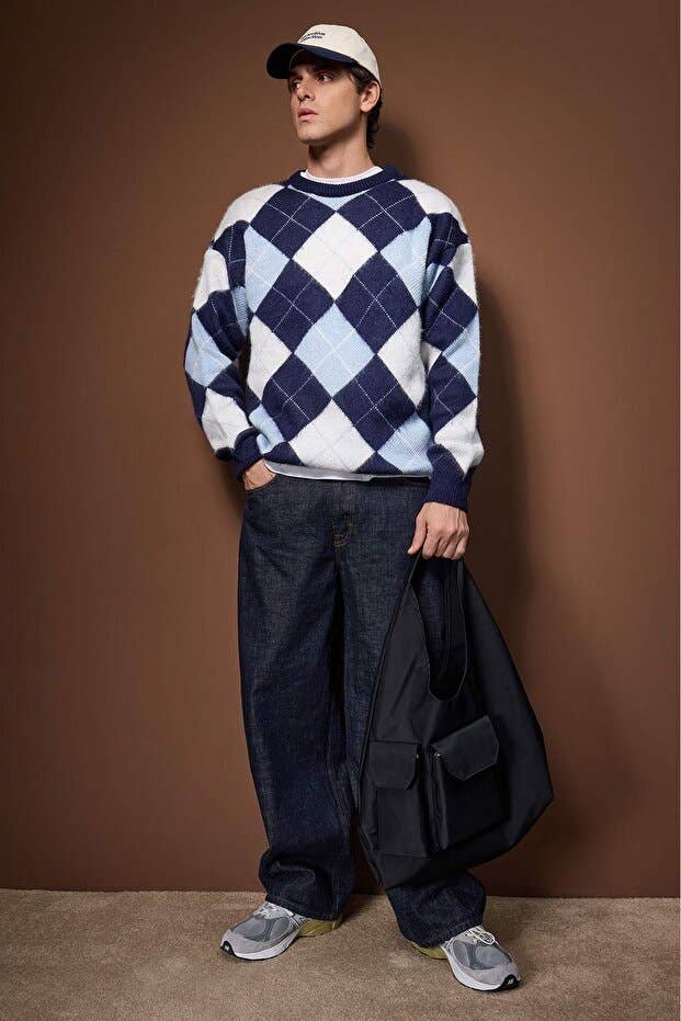 Brushed Plaid Navy Crewneck Sweater