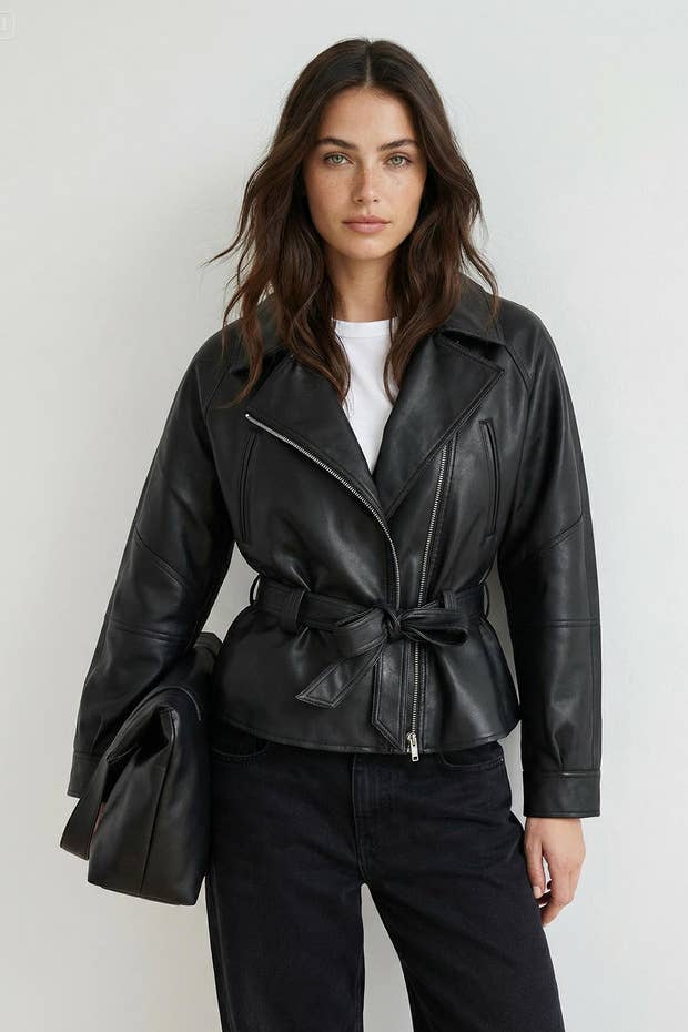 Black Belted Faux Leather Jacket