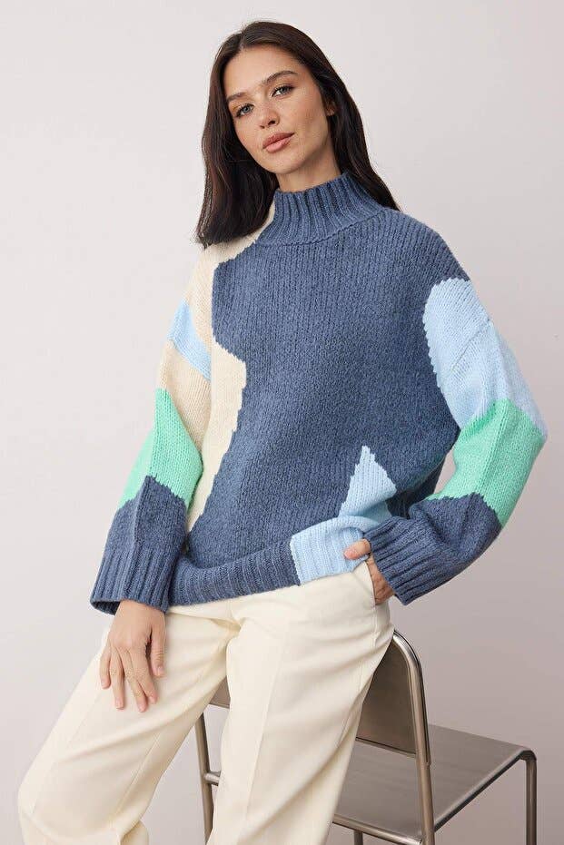 Blue Color Block Oversized Sweater