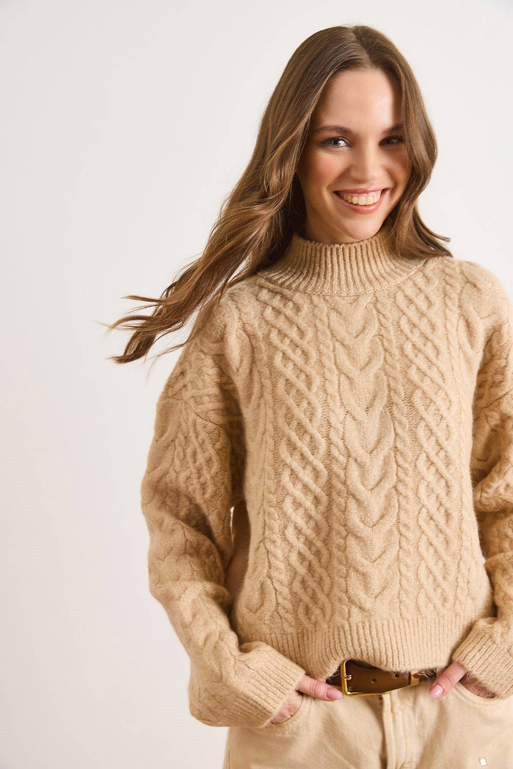 Camel Cable Knit High Neck Sweater
