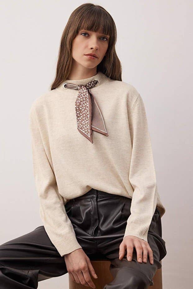 Beige Scarf Neck Knit Sweater
