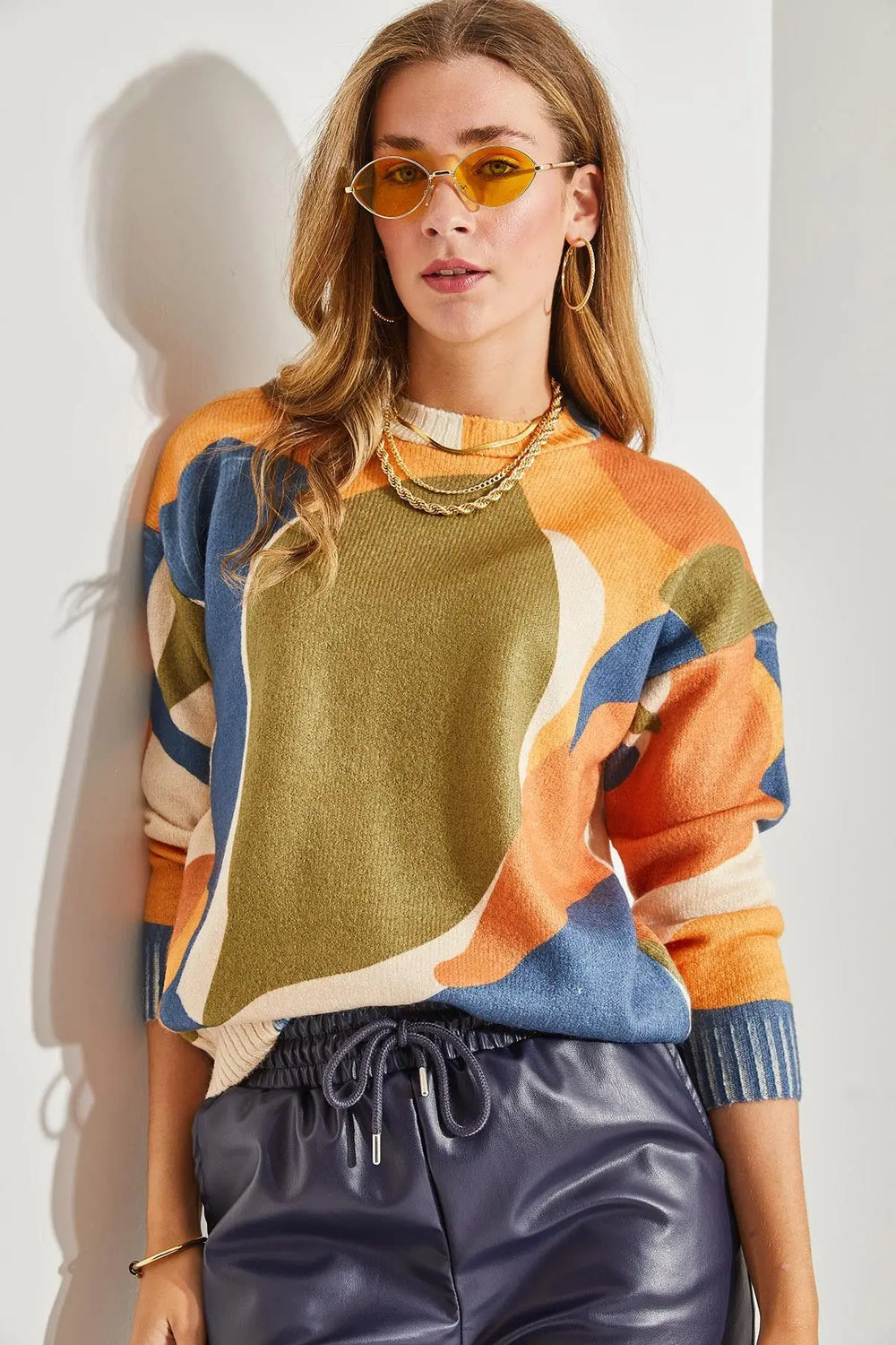 Color Block Wool Blend Knit Sweater